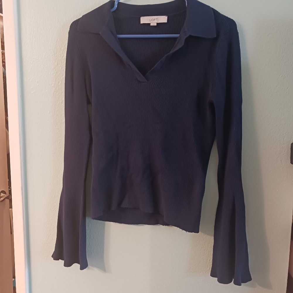 Blue Ribbed Flare Sleeve Polo Sweater | LOFT | Size M